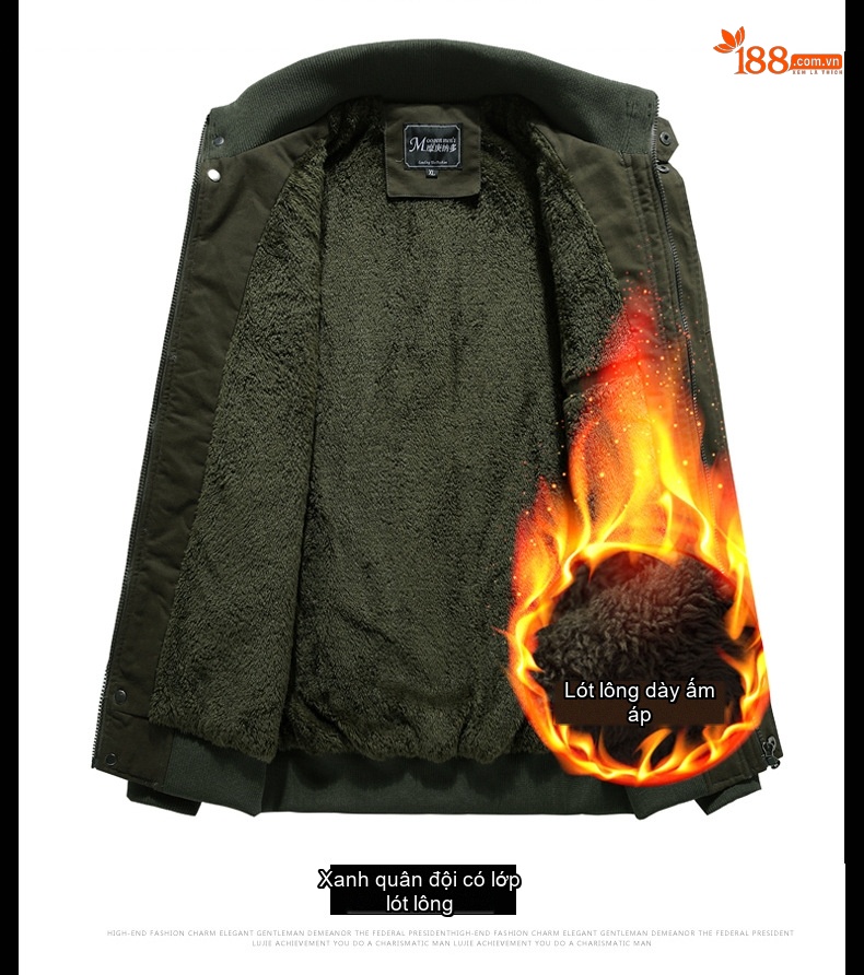 Áo Khoác Bomber Nam Cotton Lót Lông Cổ Đứng Dày Dặn Màu Xanh Rêu, Nâu, Đen chi tiết 14