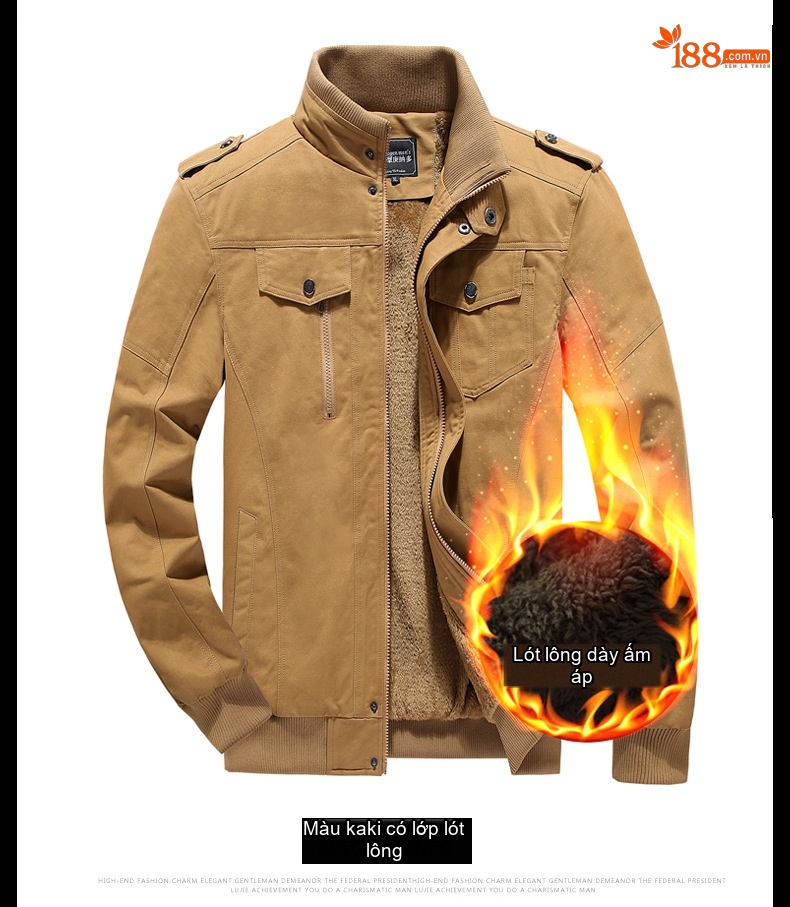 Áo Khoác Bomber Nam Cotton Lót Lông Cổ Đứng Dày Dặn Màu Xanh Rêu, Nâu, Đen chi tiết 15