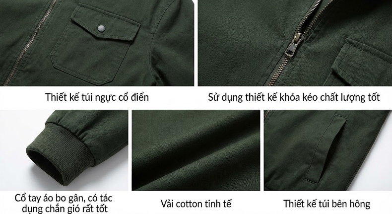 Áo Khoác Bomber Nam Cotton Lót Lông Cổ Đứng Dày Dặn Màu Xanh Rêu, Nâu, Đen chi tiết 8