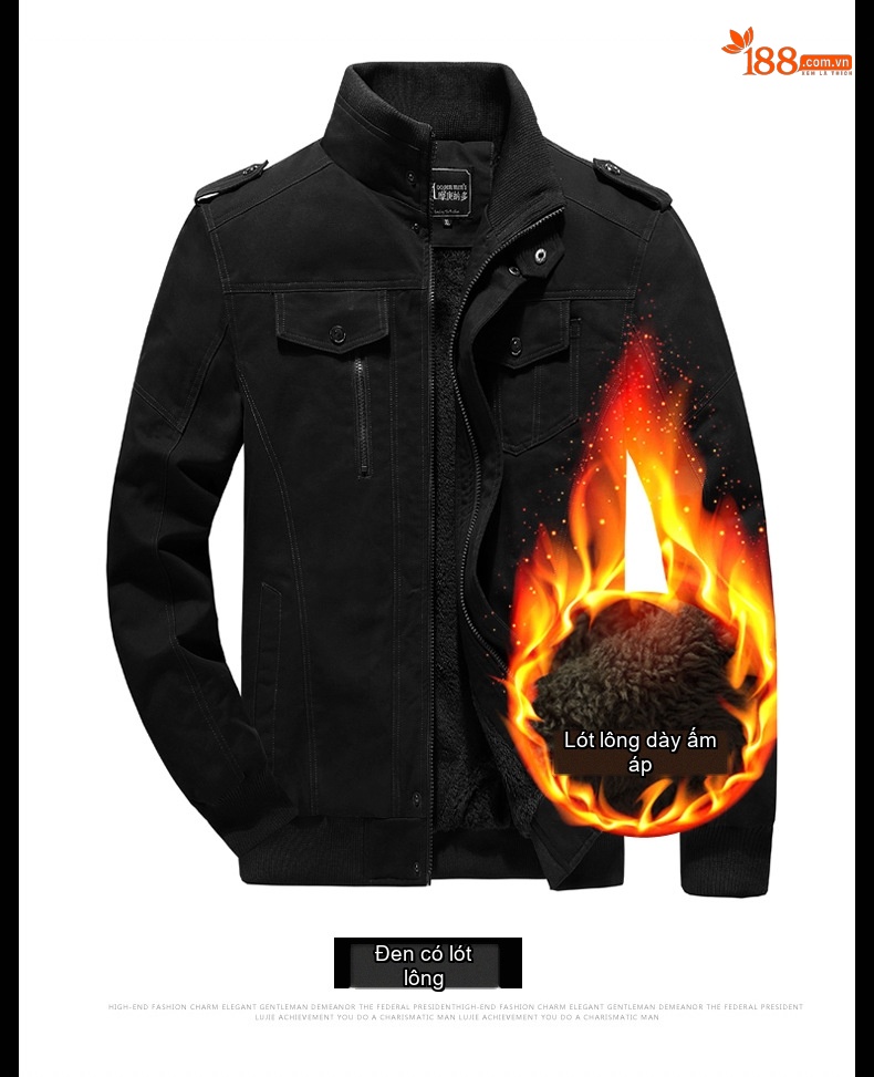 Áo Khoác Bomber Nam Cotton Lót Lông Cổ Đứng Dày Dặn Màu Xanh Rêu, Nâu, Đen chi tiết 16
