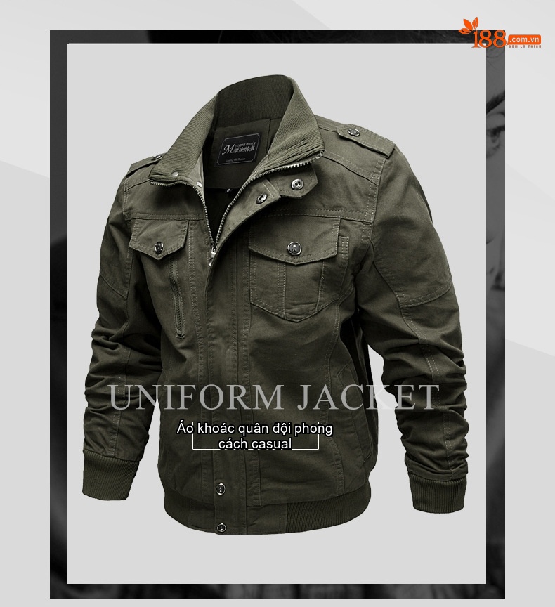Áo Khoác Bomber Nam Cotton Lót Lông Cổ Đứng Dày Dặn Màu Xanh Rêu, Nâu, Đen chi tiết 10