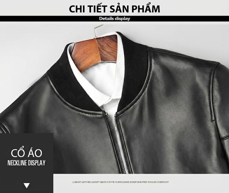 Áo Khoác Bomber Nam Da Cừu Thật Lót Nỉ Dáng Ôm Màu Đen chi tiết 5