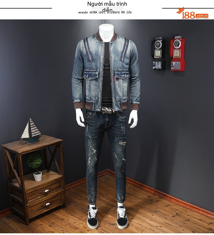 Áo Khoác Bomber Nam Denim Khóa Kéo Phong Cách Xuân Thu Màu Xanh Denim chi tiết 4