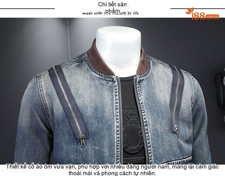 Áo Khoác Bomber Nam Denim Khóa Kéo Phong Cách Xuân Thu Màu Xanh Denim chi tiết 9