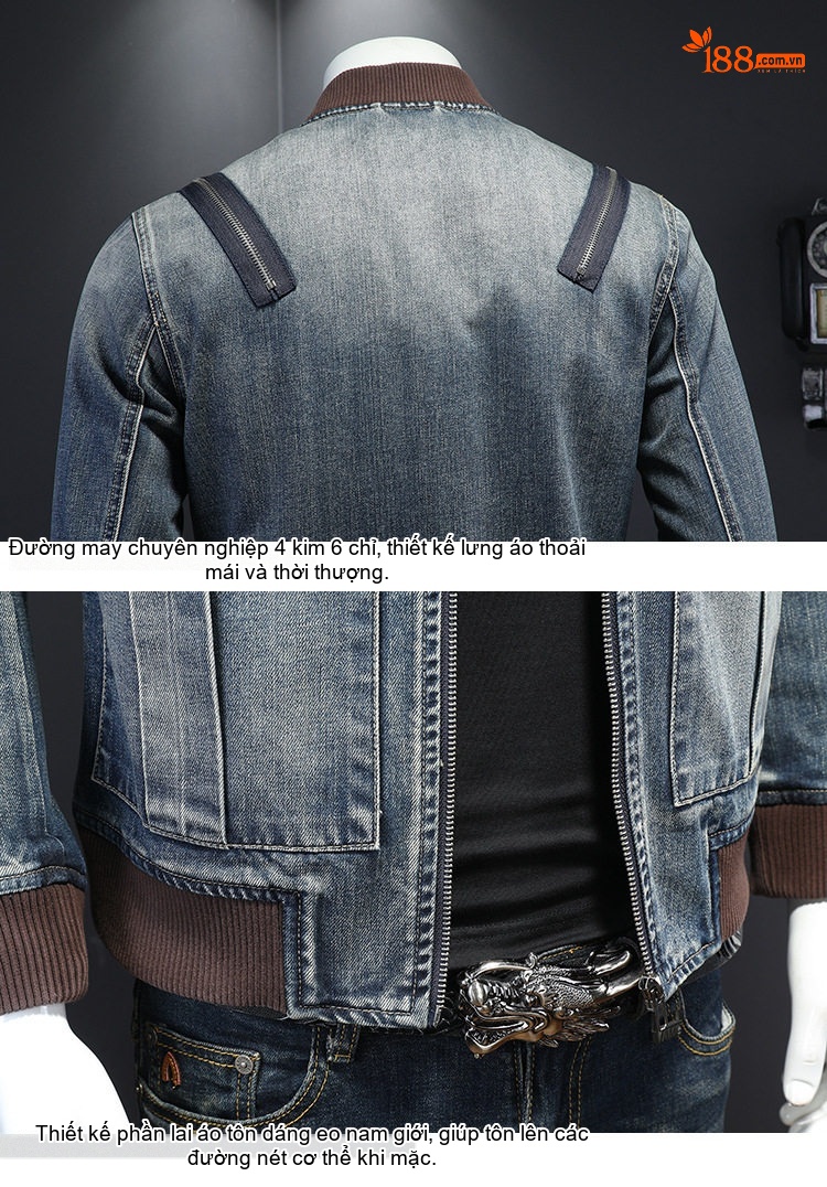Áo Khoác Bomber Nam Denim Khóa Kéo Phong Cách Xuân Thu Màu Xanh Denim chi tiết 11