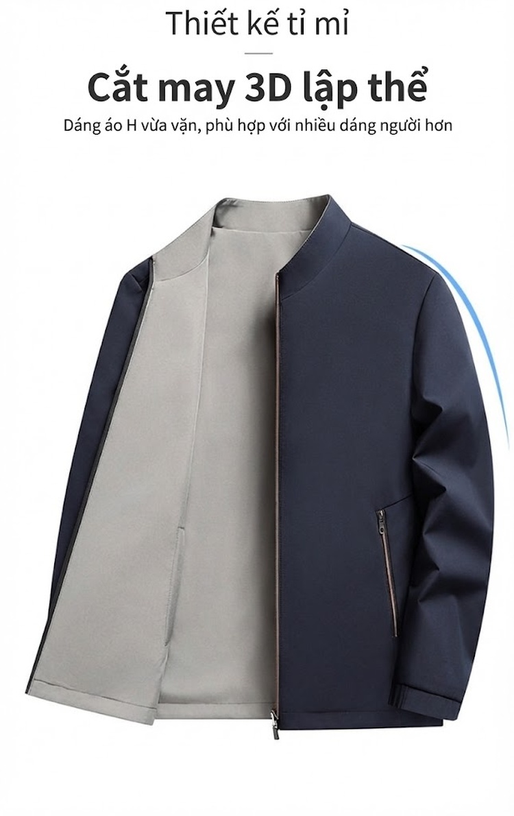 Áo Khoác Bomber Nam Hai Mặt Dáng Đứng Cổ Trụ Màu Xanh Navy, Xám, Đen, Đỏ chi tiết 7