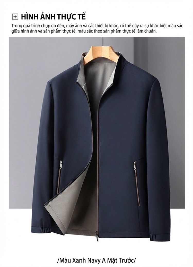 Áo Khoác Bomber Nam Hai Mặt Dáng Đứng Cổ Trụ Màu Xanh Navy, Xám, Đen, Đỏ chi tiết 11