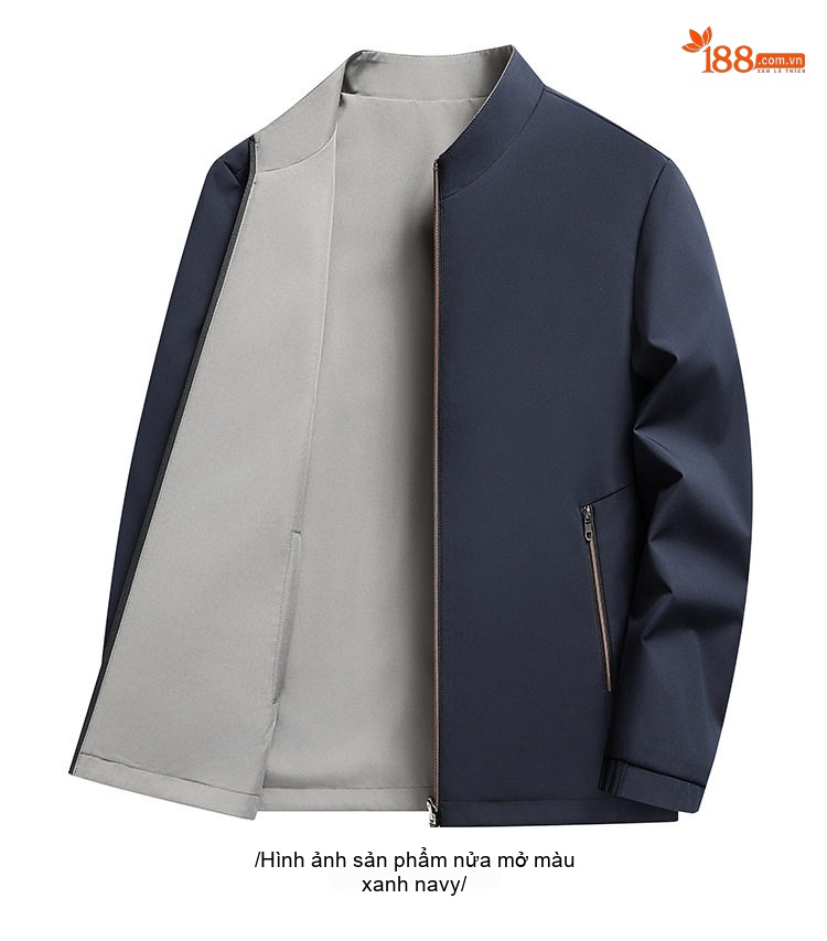 Áo Khoác Bomber Nam Hai Mặt Dáng Đứng Cổ Trụ Màu Xanh Navy, Xám, Đen, Đỏ chi tiết 13
