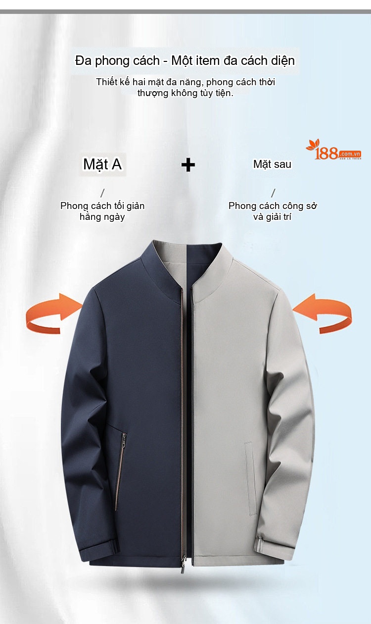 Áo Khoác Bomber Nam Hai Mặt Dáng Đứng Cổ Trụ Màu Xanh Navy, Xám, Đen, Đỏ chi tiết 5