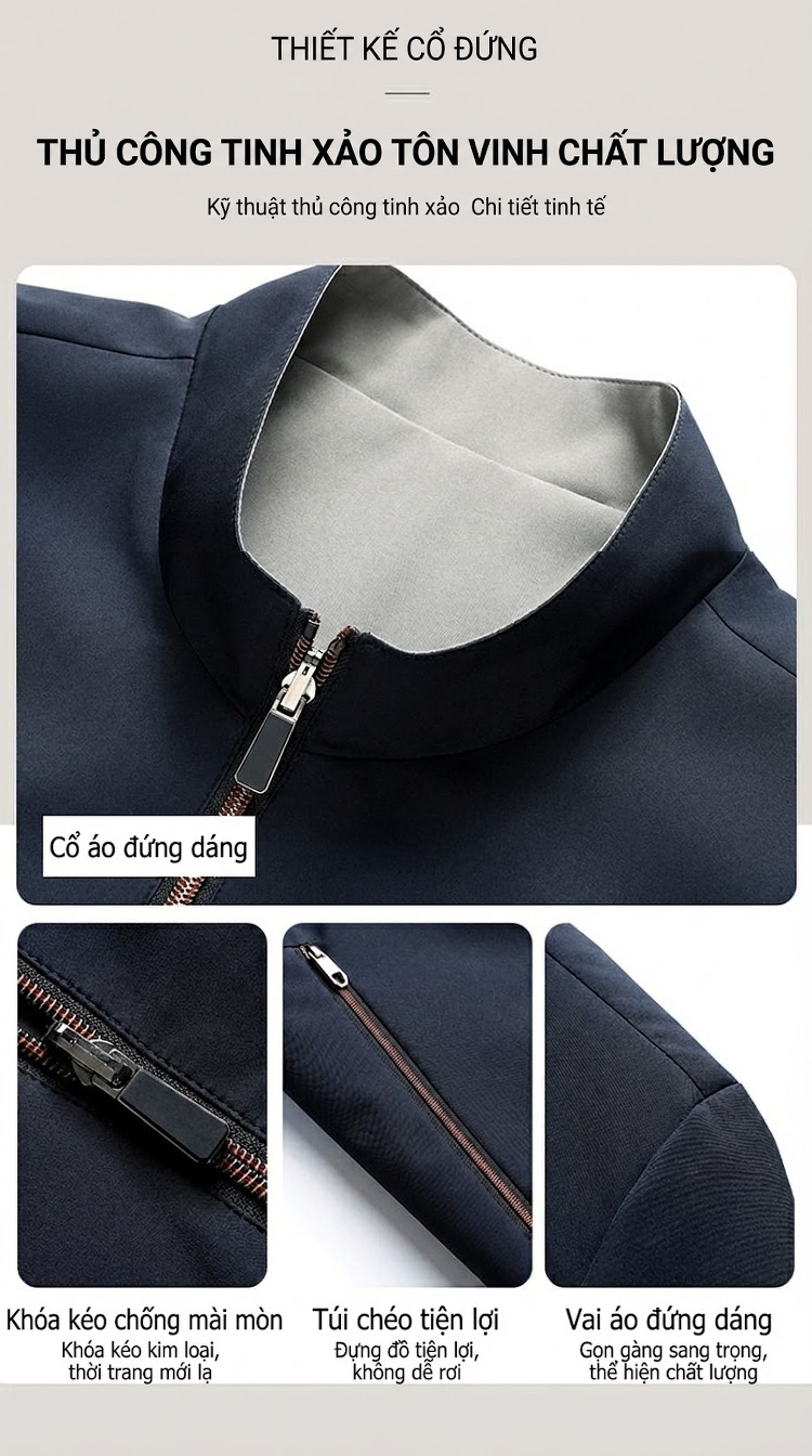 Áo Khoác Bomber Nam Hai Mặt Dáng Đứng Cổ Trụ Màu Xanh Navy, Xám, Đen, Đỏ chi tiết 9