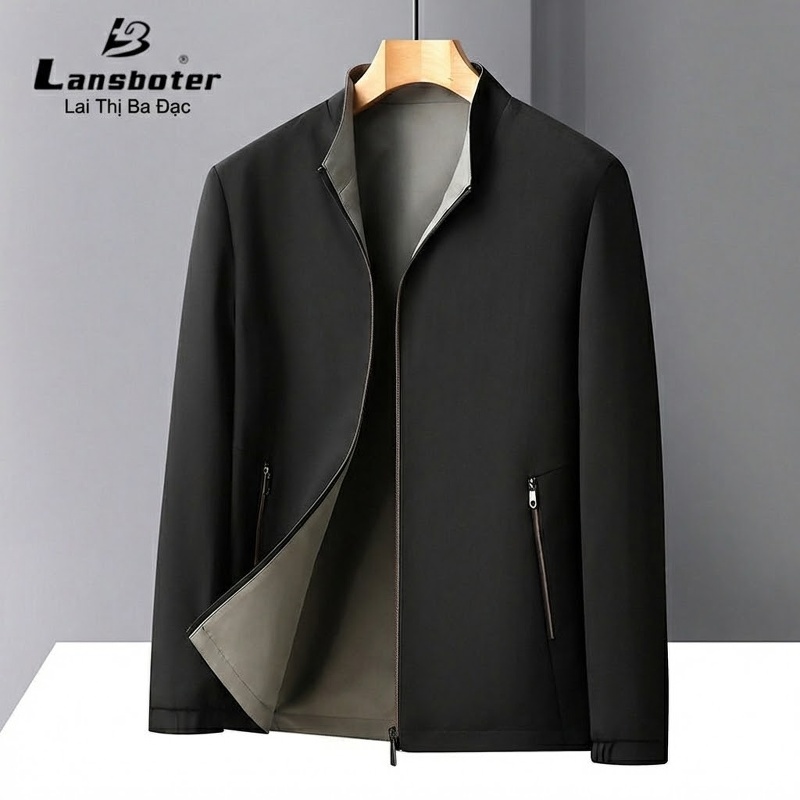 Áo Khoác Bomber Nam Hai Mặt Dáng Đứng Cổ Trụ Màu Xanh Navy, Xám, Đen, Đỏ