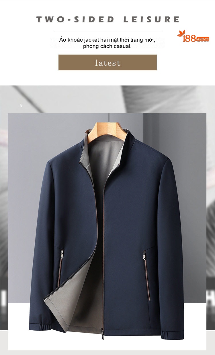 Áo Khoác Bomber Nam Hai Mặt Dáng Đứng Cổ Trụ Màu Xanh Navy, Xám, Đen, Đỏ chi tiết 1