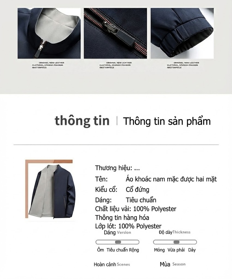 Áo Khoác Bomber Nam Hai Mặt Dáng Đứng Cổ Trụ Màu Xanh Navy, Xám, Đen, Đỏ chi tiết 2