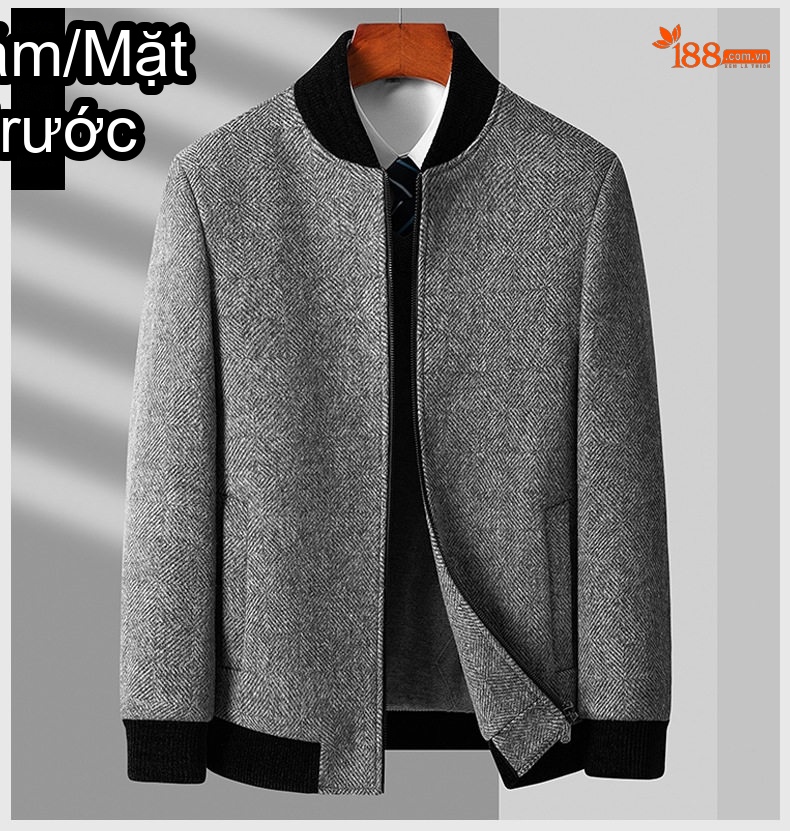 Áo Khoác Bomber Nam Lông Cừu Dệt Thoi Dày Dặn Có Lót Màu Xám, Nâu chi tiết 9