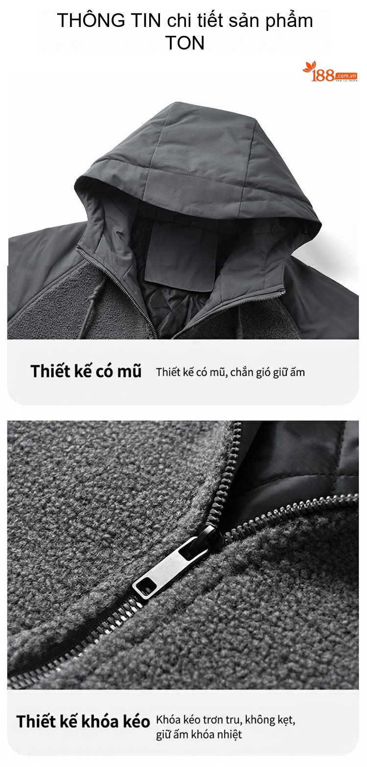Áo Khoác Bomber Nam Lông Cừu Non Dày Dặn Có Mũ Trùm Đầu Màu Xám, Xanh Lá, Trắng... chi tiết 20