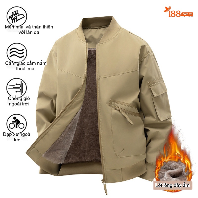 Áo Khoác Bomber Nam Lót Lông Cừu Non Dày Dặn Phong Cách Mỹ Màu Be, Xanh, Đen