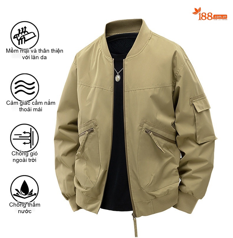 Áo Khoác Bomber Nam Lót Lông Cừu Non Dày Dặn Phong Cách Mỹ Màu Be, Xanh, Đen chi tiết 1