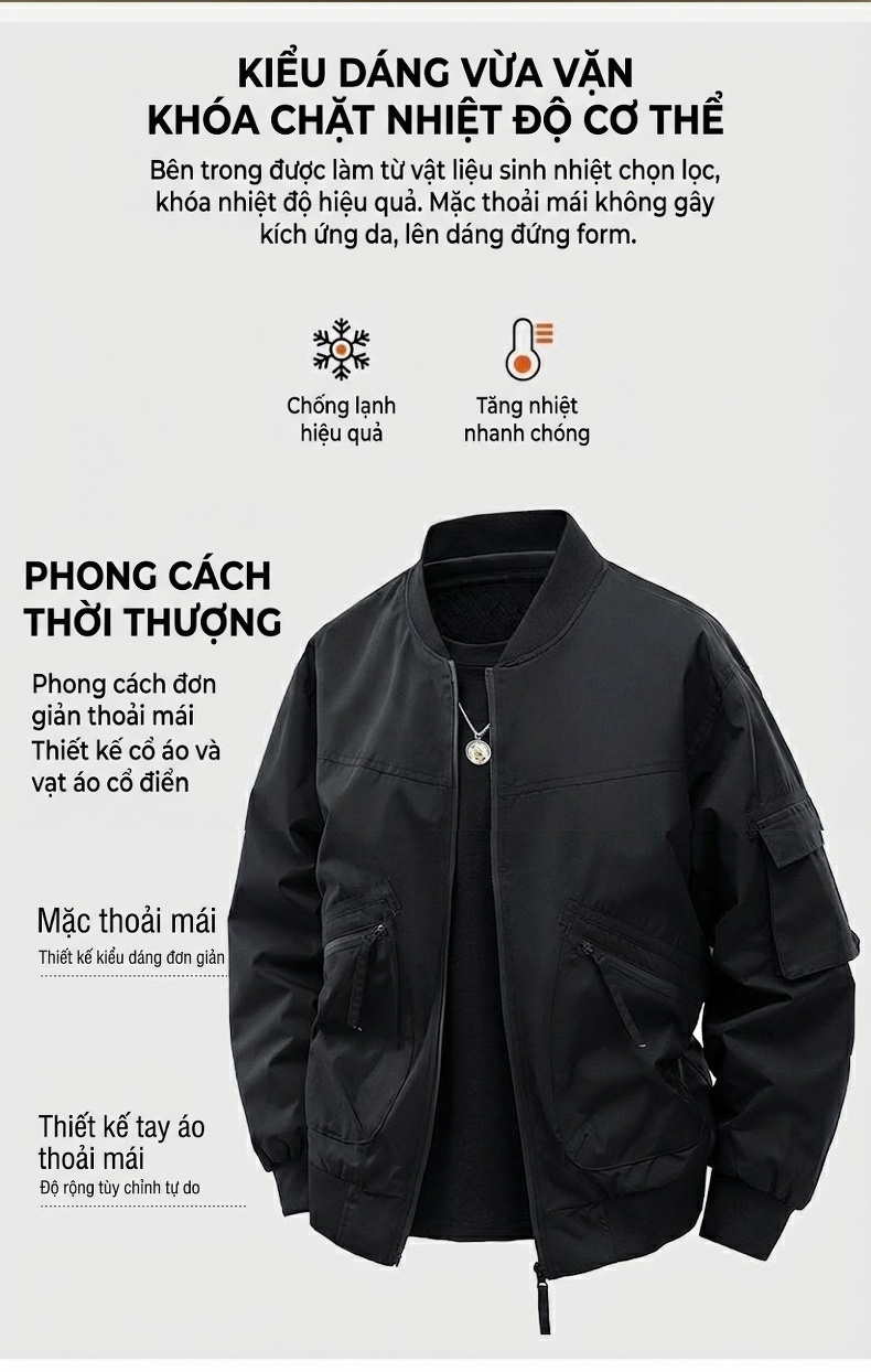 Áo Khoác Bomber Nam Lót Lông Cừu Non Dày Dặn Phong Cách Mỹ Màu Be, Xanh, Đen chi tiết 4