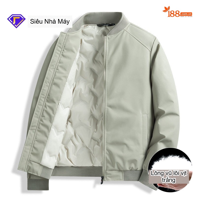 Áo Khoác Bomber Nam Lót Lông Vũ Ấm Áp Chống Gió Màu Xám, Xanh Rêu, Đen, Nâu