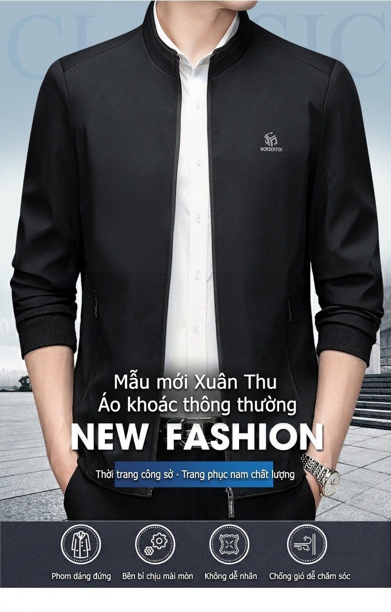 Áo Khoác Bomber Nam Mỏng Nhẹ Phong Cách Công Sở Màu Đen, Xám, Xanh Navy chi tiết 1