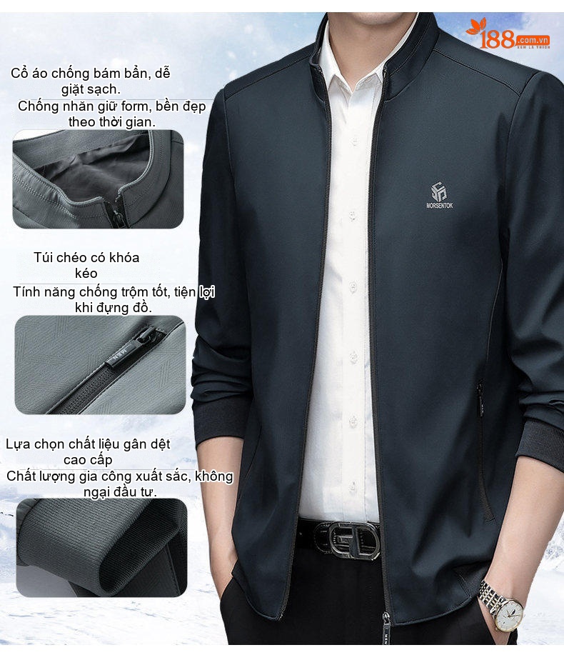 Áo Khoác Bomber Nam Mỏng Nhẹ Phong Cách Công Sở Màu Đen, Xám, Xanh Navy chi tiết 3