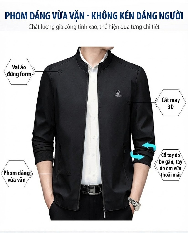 Áo Khoác Bomber Nam Mỏng Nhẹ Phong Cách Công Sở Màu Đen, Xám, Xanh Navy chi tiết 4