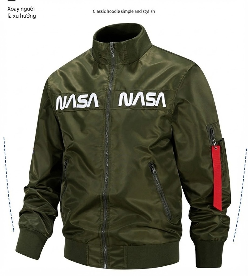 Áo Khoác Bomber Nam NASA Dáng Rộng Phong Cách Âu Mỹ Màu Đen, Xám, Xanh Lá, Xanh Navy... chi tiết 2