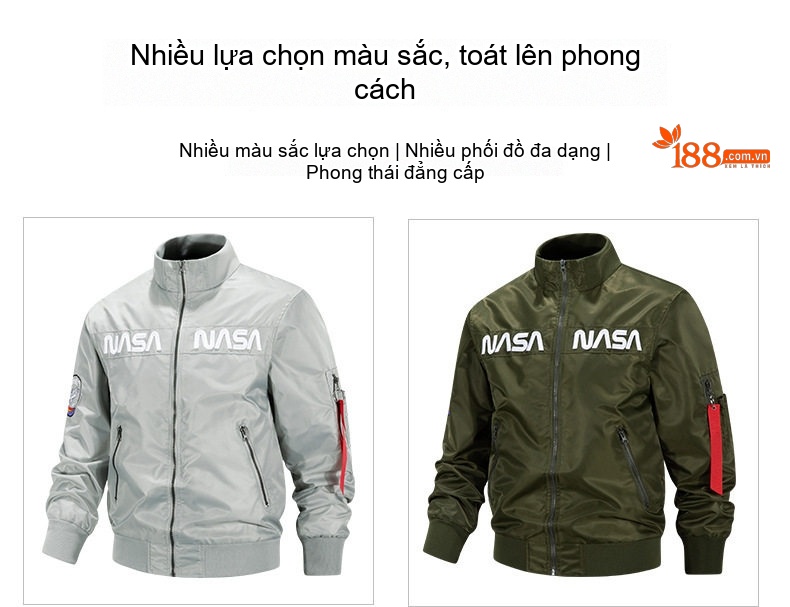 Áo Khoác Bomber Nam NASA Dáng Rộng Phong Cách Âu Mỹ Màu Đen, Xám, Xanh Lá, Xanh Navy... chi tiết 5