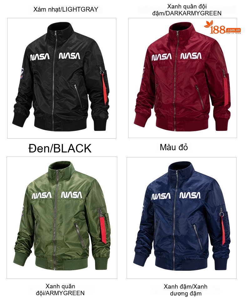 Áo Khoác Bomber Nam NASA Dáng Rộng Phong Cách Âu Mỹ Màu Đen, Xám, Xanh Lá, Xanh Navy... chi tiết 6