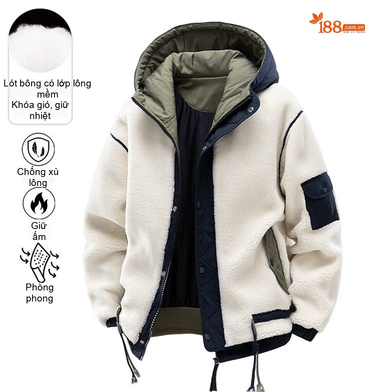 Áo Khoác Bomber Nam Nữ Lông Cừu Non Có Mũ Trùm Đầu Dáng Rộng Màu Trắng Kem, Đen chi tiết 1