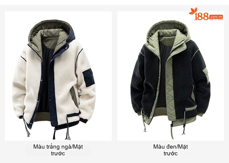 Áo Khoác Bomber Nam Nữ Lông Cừu Non Có Mũ Trùm Đầu Dáng Rộng Màu Trắng Kem, Đen chi tiết 13