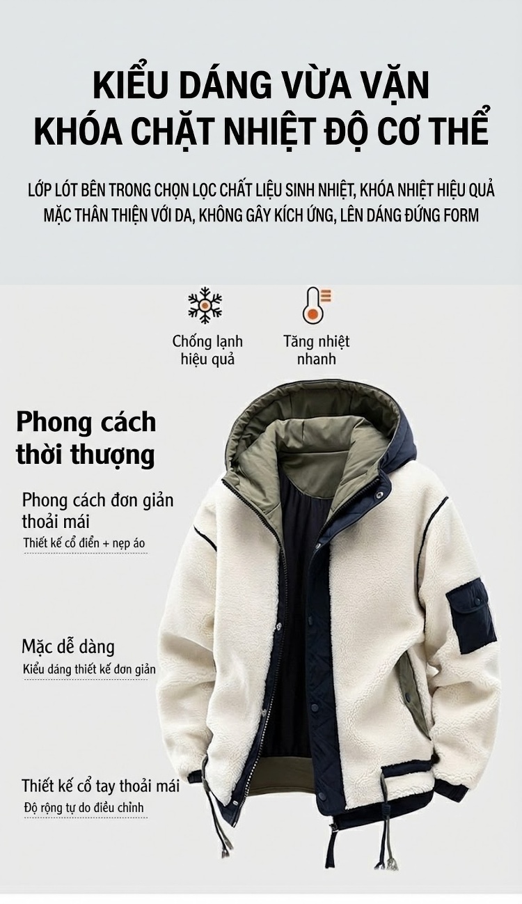 Áo Khoác Bomber Nam Nữ Lông Cừu Non Có Mũ Trùm Đầu Dáng Rộng Màu Trắng Kem, Đen chi tiết 5