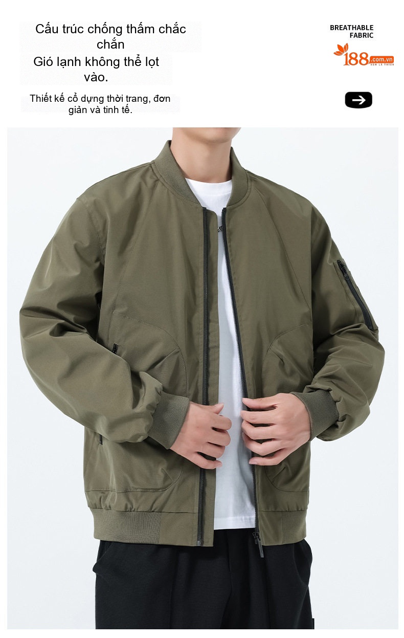 Áo Khoác Bomber Nam Thu Đông Dáng Rộng Phong Cách Phi Công Màu Đen, Xanh Olive chi tiết 6