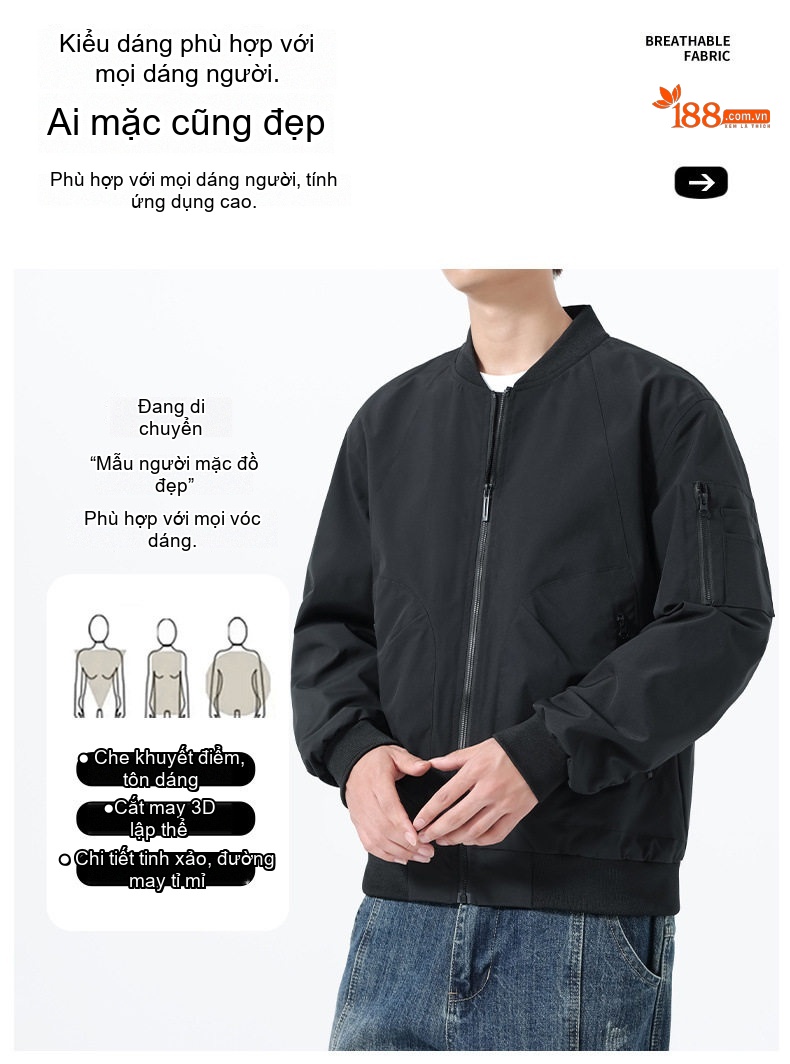 Áo Khoác Bomber Nam Thu Đông Dáng Rộng Phong Cách Phi Công Màu Đen, Xanh Olive chi tiết 8