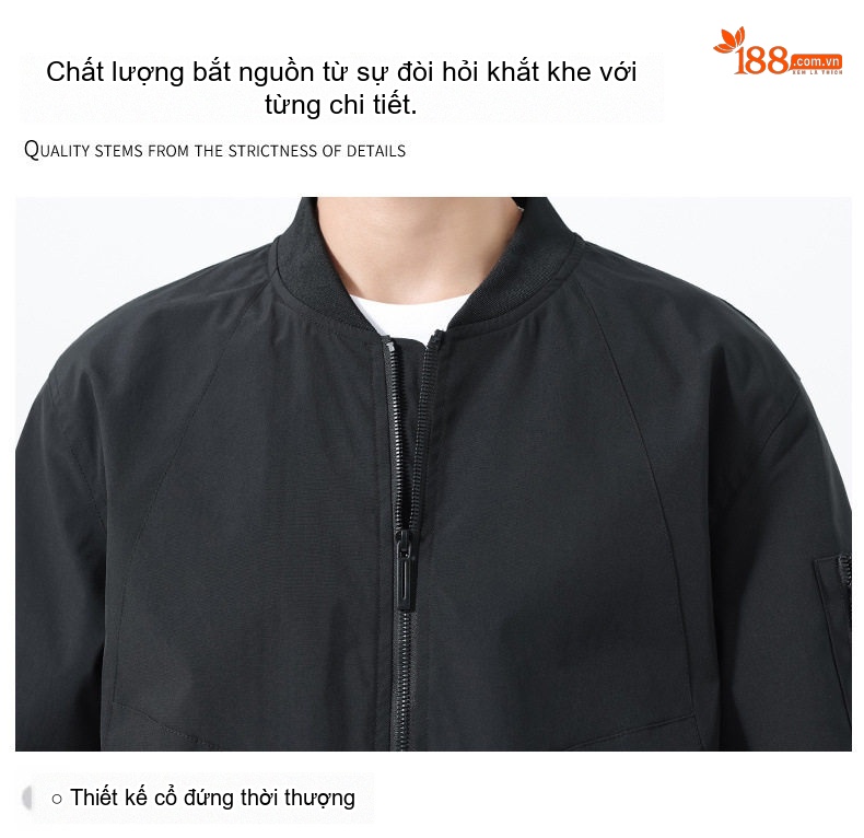 Áo Khoác Bomber Nam Thu Đông Dáng Rộng Phong Cách Phi Công Màu Đen, Xanh Olive chi tiết 9