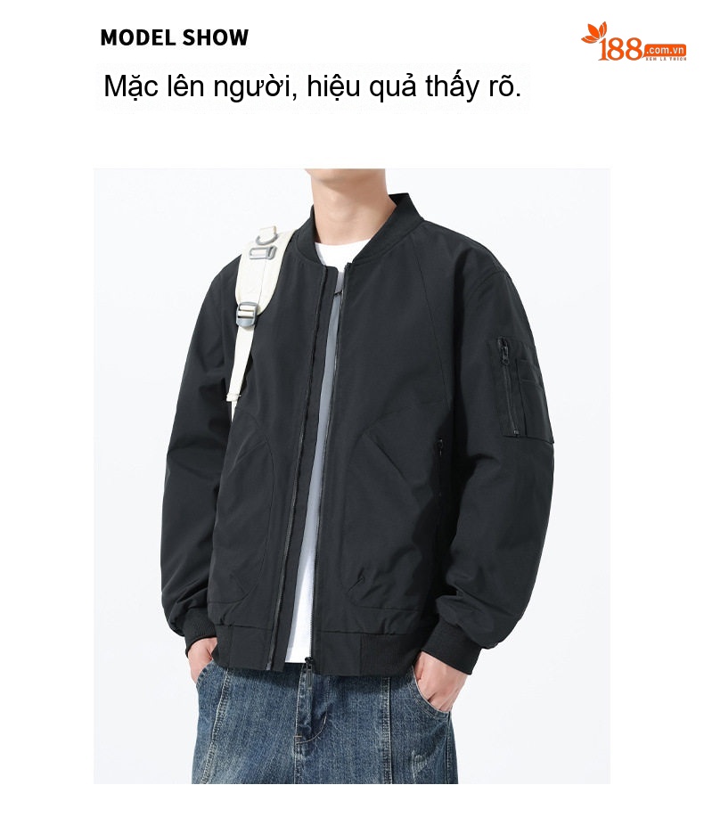 Áo Khoác Bomber Nam Thu Đông Dáng Rộng Phong Cách Phi Công Màu Đen, Xanh Olive chi tiết 16