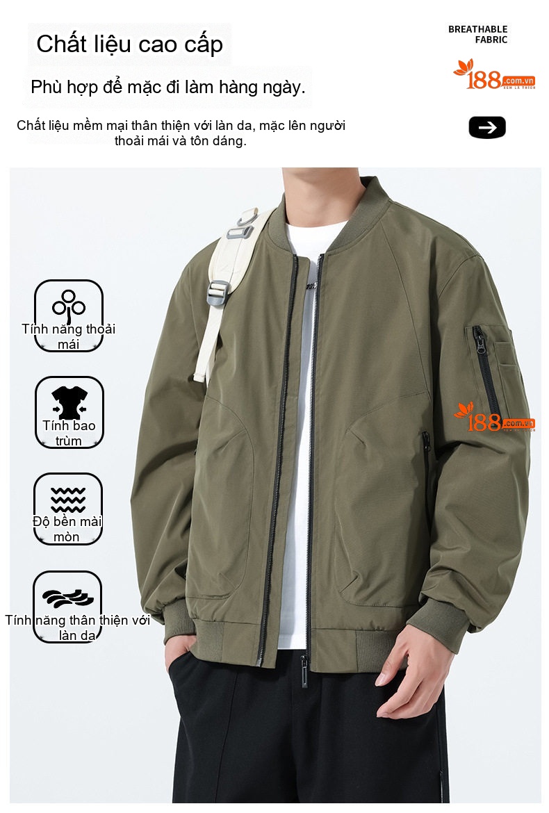 Áo Khoác Bomber Nam Thu Đông Dáng Rộng Phong Cách Phi Công Màu Đen, Xanh Olive chi tiết 3