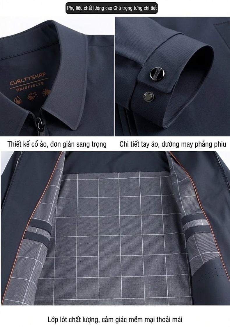 Áo Khoác Bomber Nam Thương Mại Dệt Kim Cổ Bẻ Màu Xanh Navy, Xám chi tiết 4