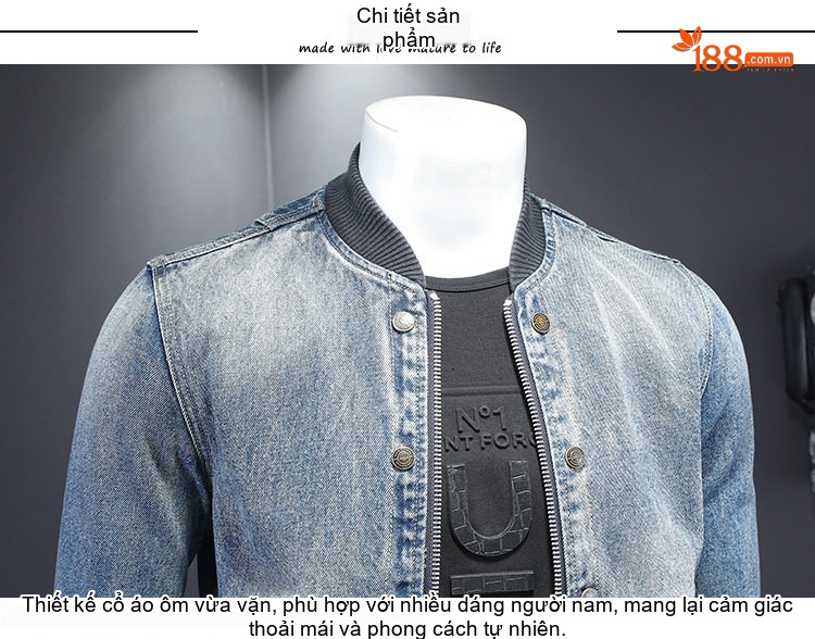 Áo Khoác Bomber Nam Vải Denim Khóa Kéo Màu Xanh Denim chi tiết 9