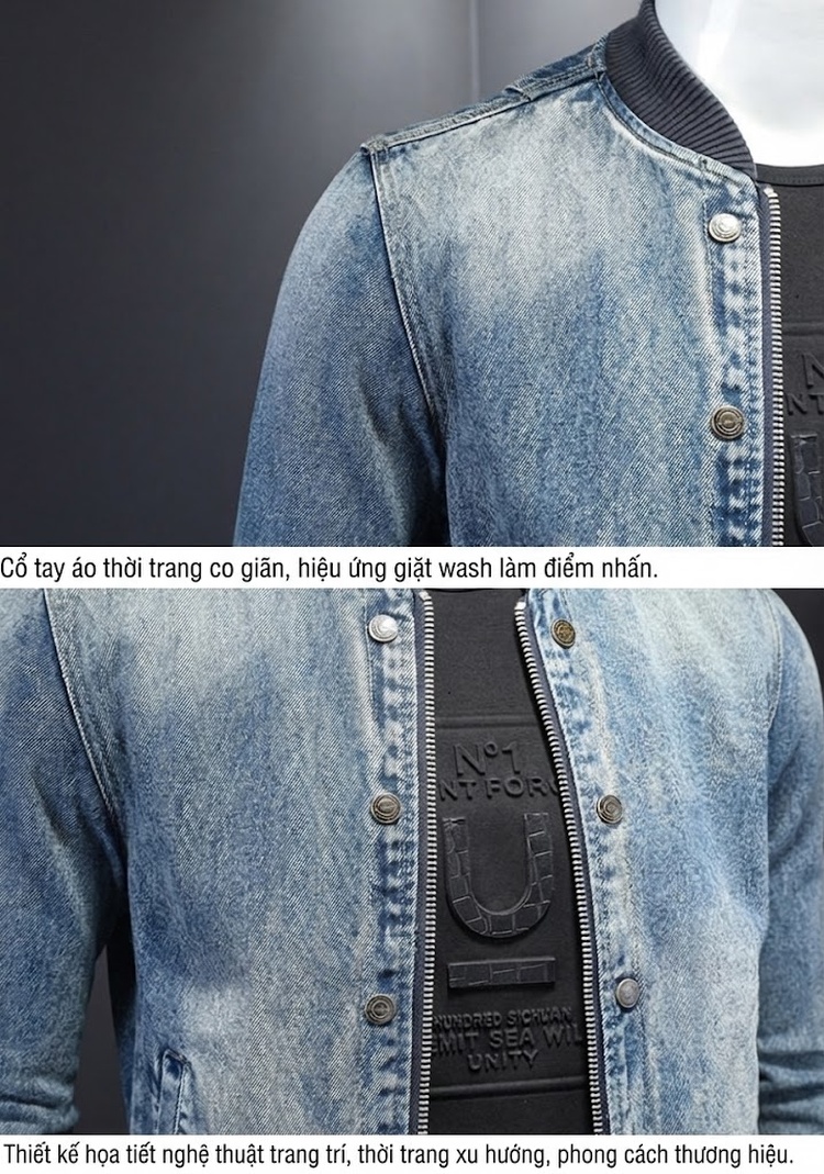 Áo Khoác Bomber Nam Vải Denim Khóa Kéo Màu Xanh Denim chi tiết 10