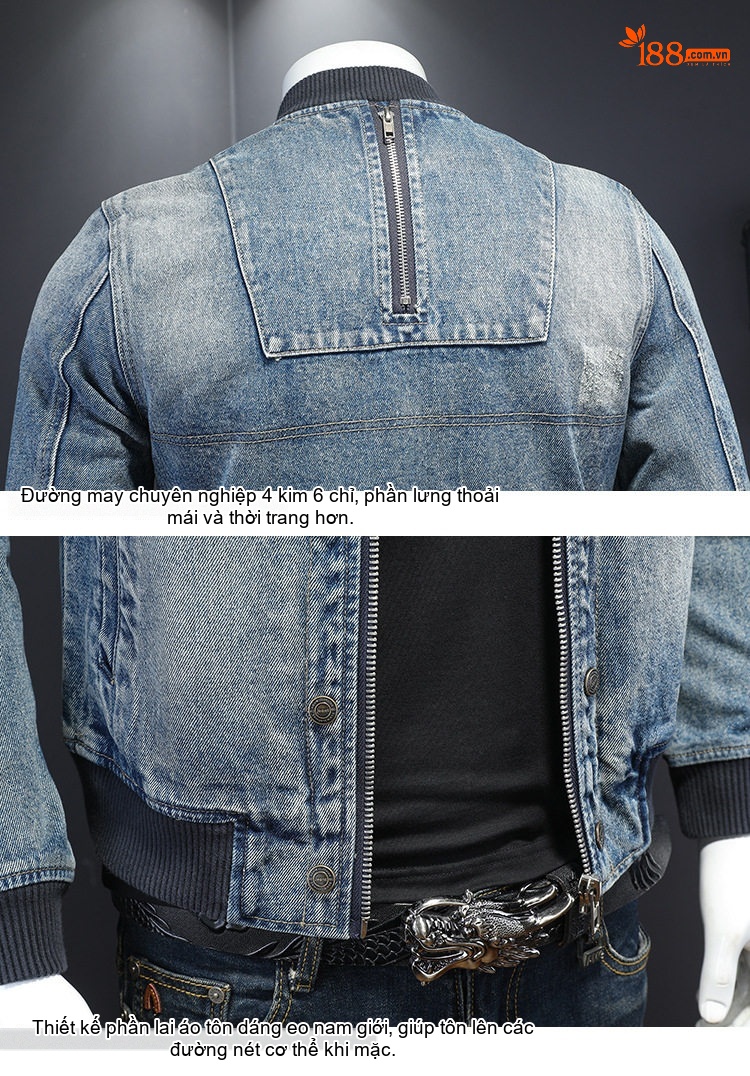 Áo Khoác Bomber Nam Vải Denim Khóa Kéo Màu Xanh Denim chi tiết 11
