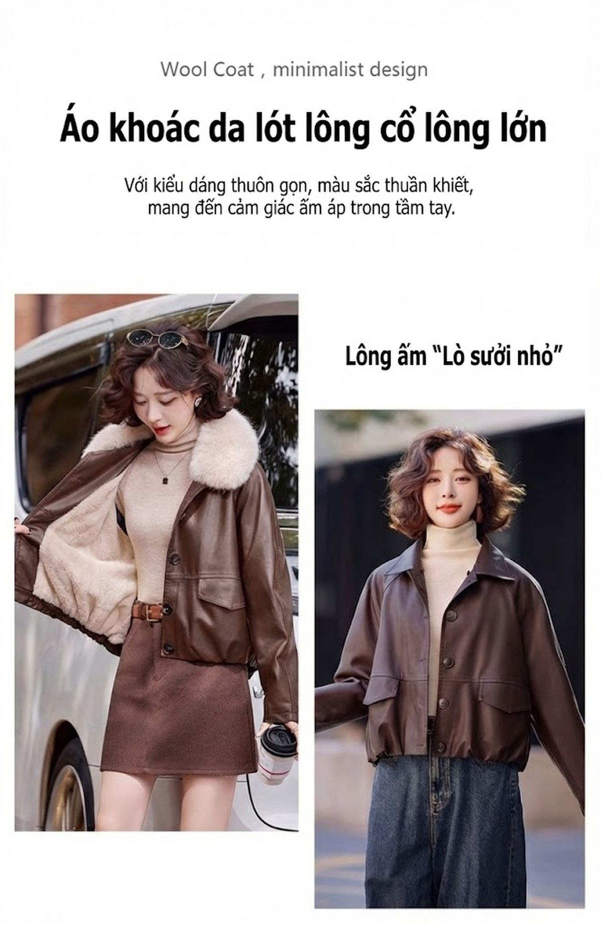 Áo Khoác Bomber Nữ Da Bóng Lót Lông Cừu Non Cổ Lông To Dáng Ngắn Màu Nâu, Đen chi tiết 6