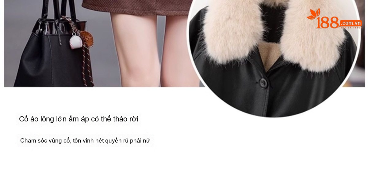 Áo Khoác Bomber Nữ Da Bóng Lót Lông Cừu Non Cổ Lông To Dáng Ngắn Màu Nâu, Đen chi tiết 12
