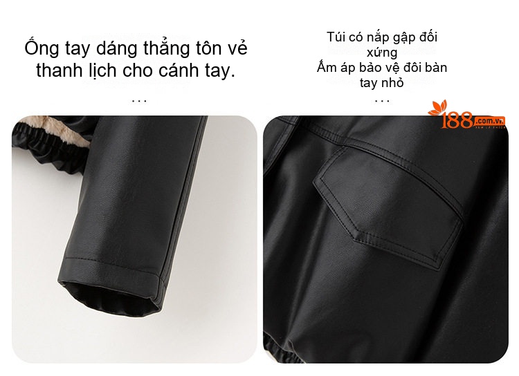 Áo Khoác Bomber Nữ Da Bóng Lót Lông Cừu Non Cổ Lông To Dáng Ngắn Màu Nâu, Đen chi tiết 13