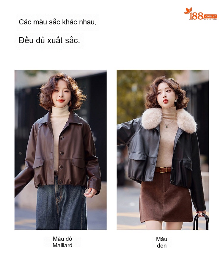 Áo Khoác Bomber Nữ Da Bóng Lót Lông Cừu Non Cổ Lông To Dáng Ngắn Màu Nâu, Đen chi tiết 4