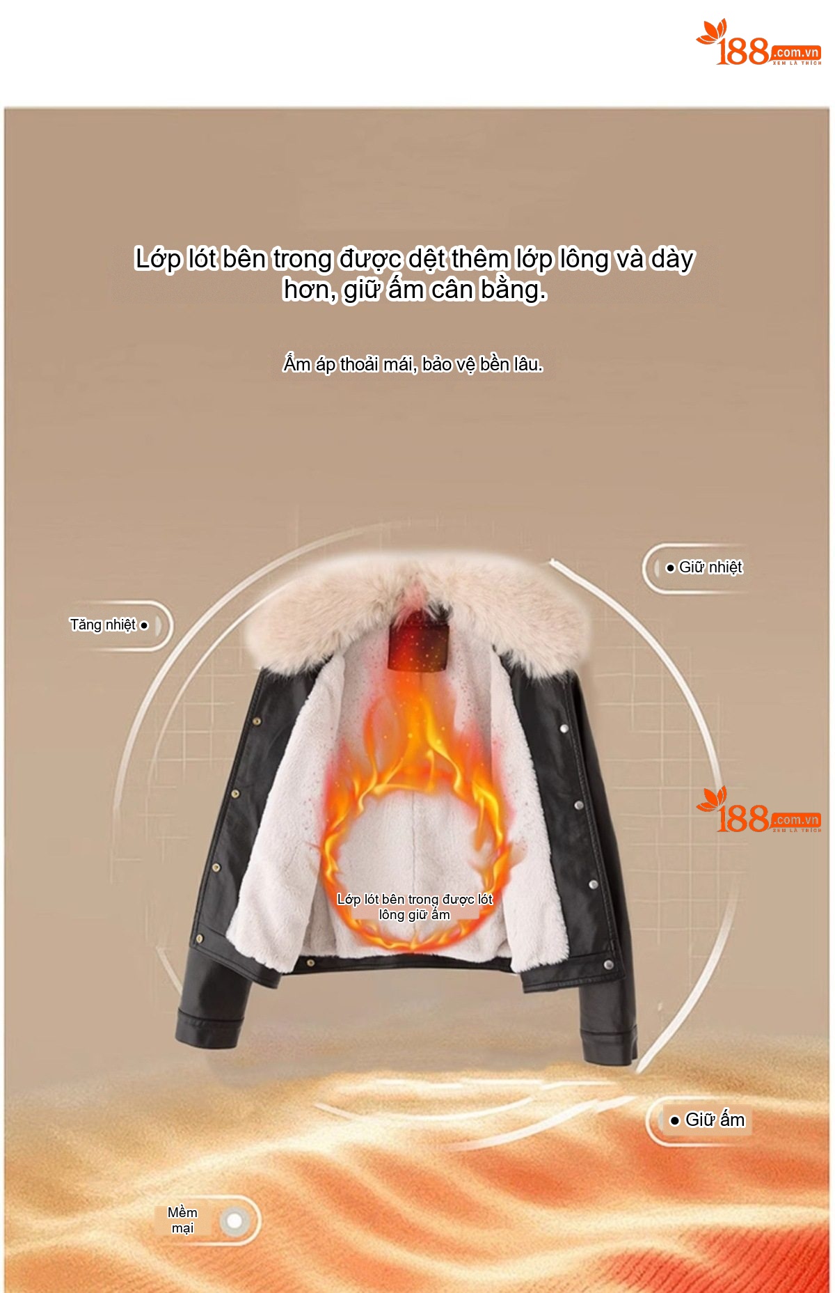 Áo Khoác Bomber Nữ Da Bóng Lót Lông Cừu Non Cổ Lông To Dáng Ngắn Màu Nâu, Đen chi tiết 9
