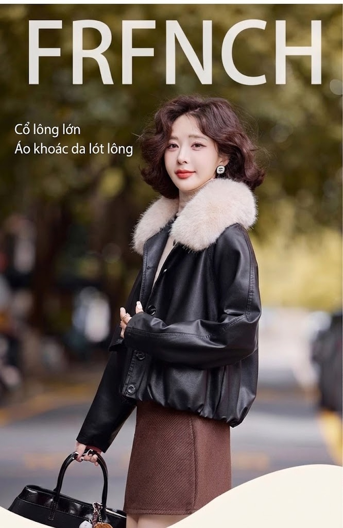 Áo Khoác Bomber Nữ Da Bóng Lót Lông Cừu Non Cổ Lông To Dáng Ngắn Màu Nâu, Đen chi tiết 1