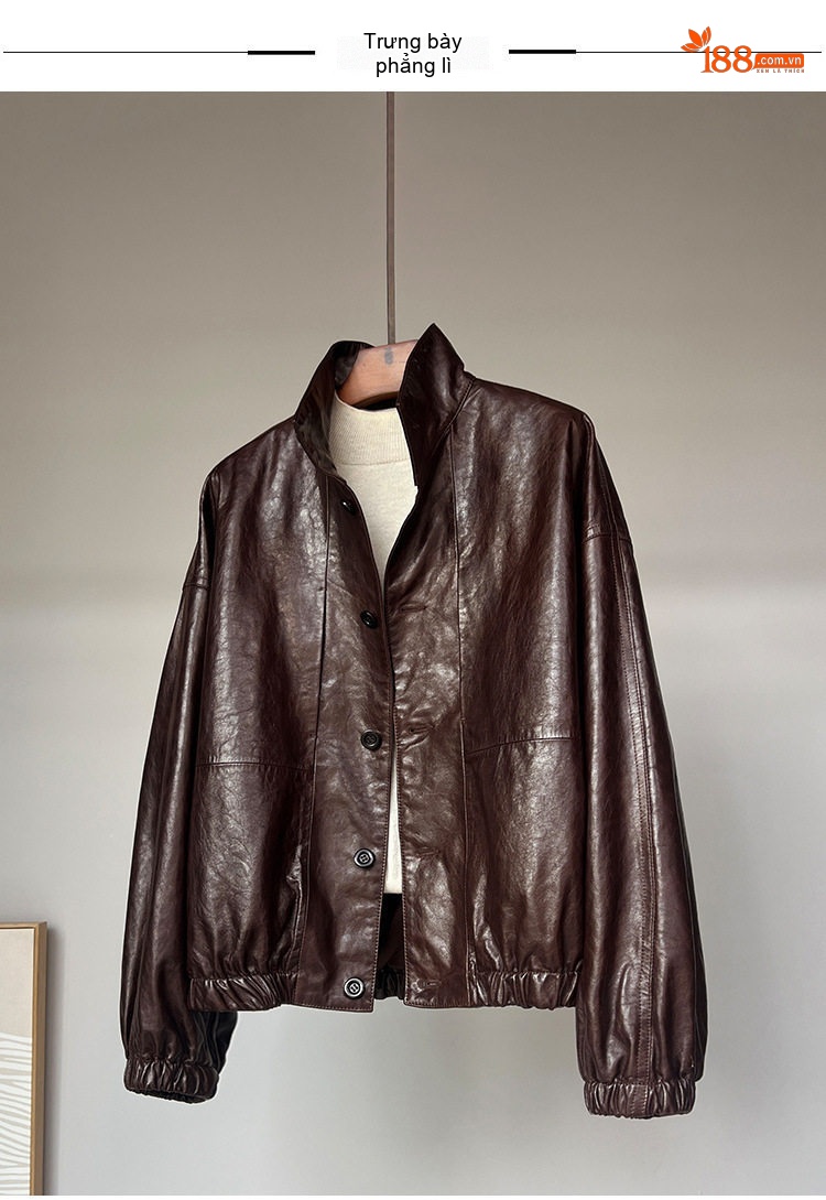 Áo Khoác Bomber Nữ Da Cừu Thật Màu Nâu, Đen chi tiết 4