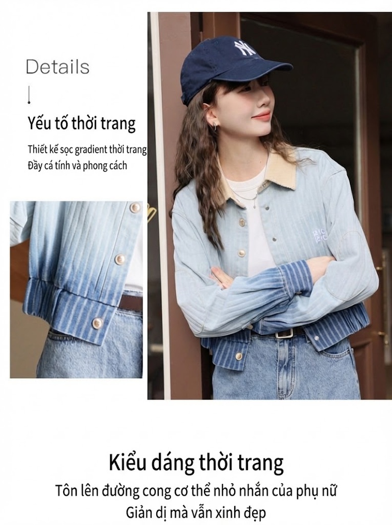 Áo Khoác Bomber Nữ Kiểu Mỹ Retro Sọc Gradient Cổ Bẻ Vải Denim Xanh Dương chi tiết 5