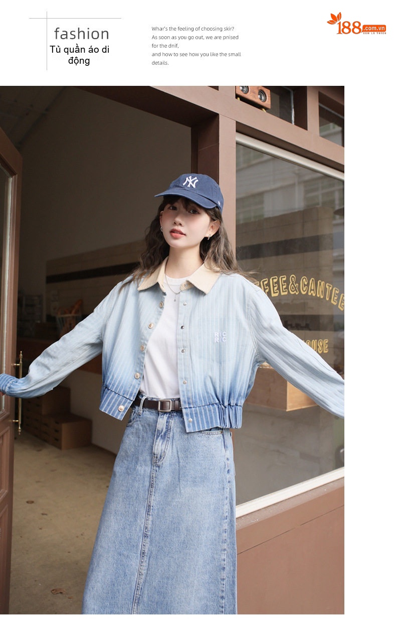 Áo Khoác Bomber Nữ Kiểu Mỹ Retro Sọc Gradient Cổ Bẻ Vải Denim Xanh Dương chi tiết 15